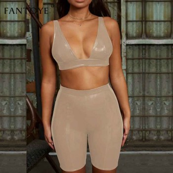 Leather Sexy Club Bodycon 2 Piece Set For Women Autumn Sleeveless Crop Top And Shorts Workout Two Pieces Set